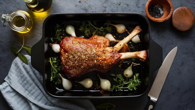 Photo viande de jambes d'agneau islandaise précuite avec des épices et des herbes et des petits oignons sur un rôti noir