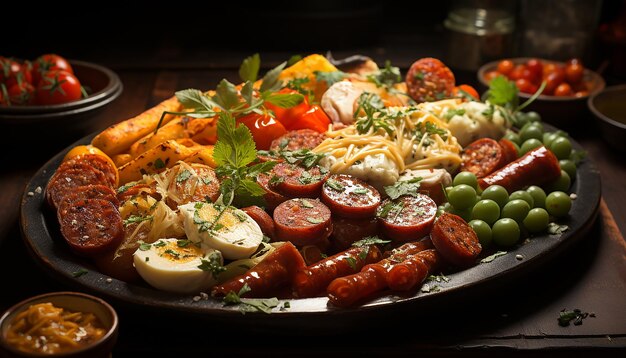 Viande et légumes frais grillés sur une plaque en bois rustique générée par l'IA