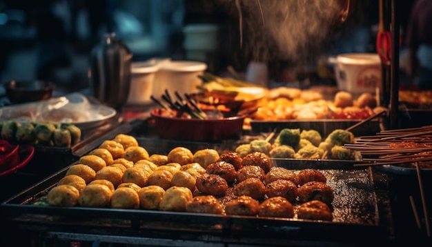 Viande et légumes grillés sur des brochettes un aliment de rue traditionnel généré par l'IA