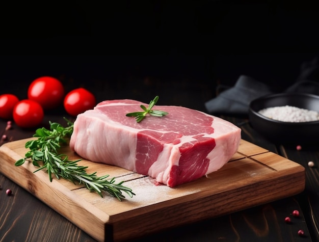 Viande de porc crue sur planche à couper et légumes IA générative