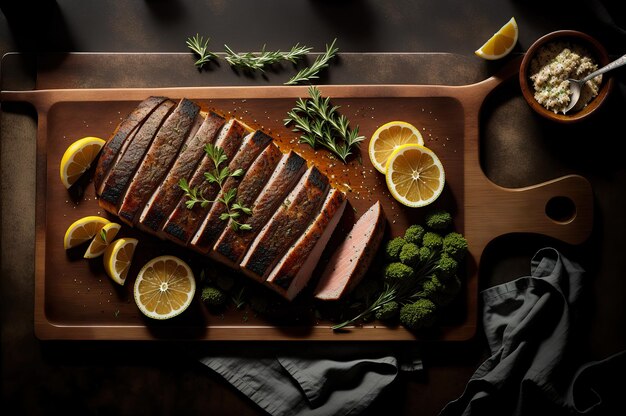 Viande de porc cuite au four avec des herbes et du citron sur une vue de dessus de planche de bois AI générative