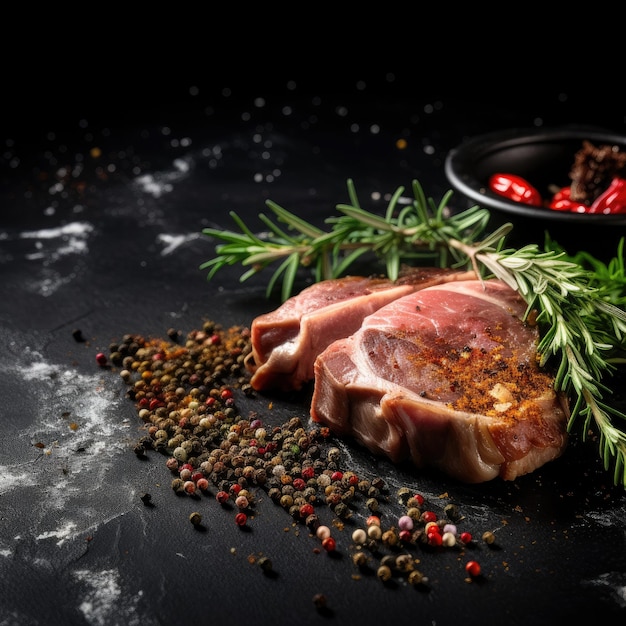 Viande de porc sur fond de pierre noire avec épices et herbes