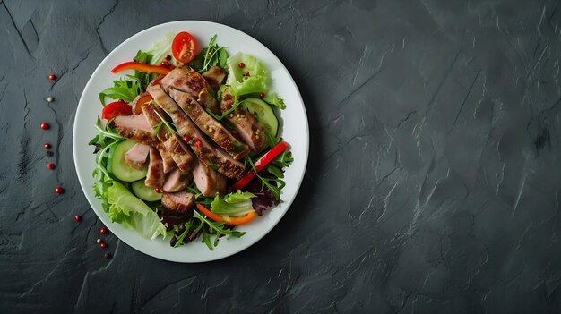 Photo la viande de porc grillée avec de la salade de légumes frais sur une assiette blanche une vue d'en haut d'un horizon ia générative