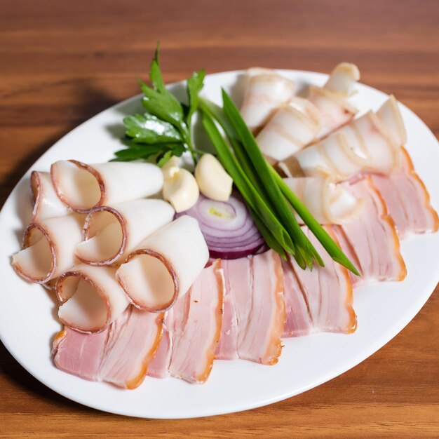 Viande de porc et saindoux. Des collations prêtes à manger sur la table.Apéritifs froids. Vue d'en-haut