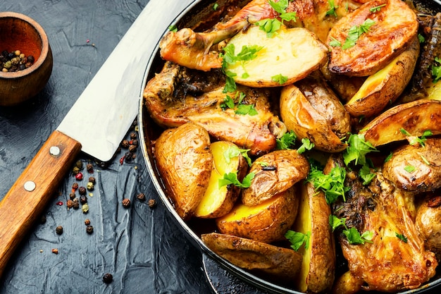 Viande de poulet appétissante avec pommes de terre rôties dans une poêle