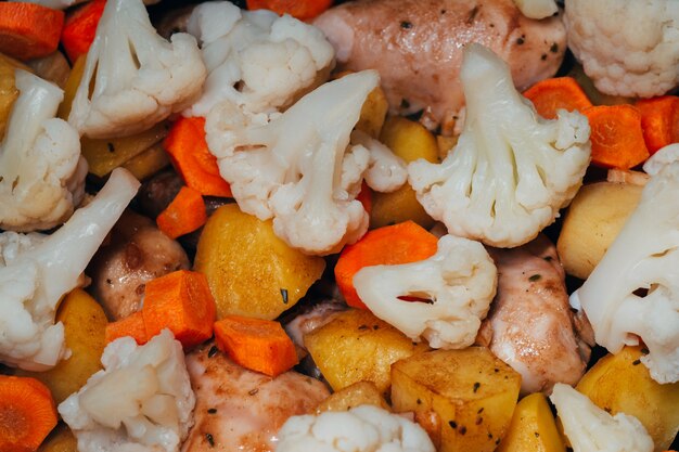 Viande de poulet au four avec pommes de terre et légumes carottes et chou-fleur