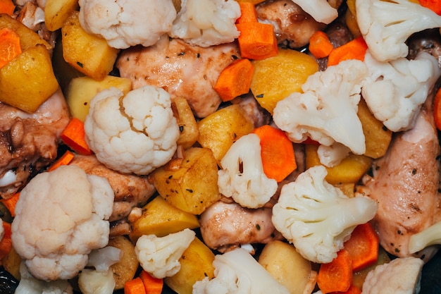 Viande de poulet au four avec pommes de terre et légumes carottes et chou-fleur