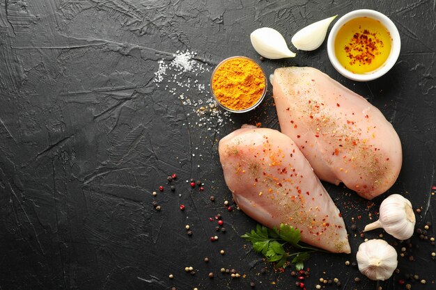 Photo viande de poulet crue et épices sur fond noir, vue de dessus. cuisson du poulet