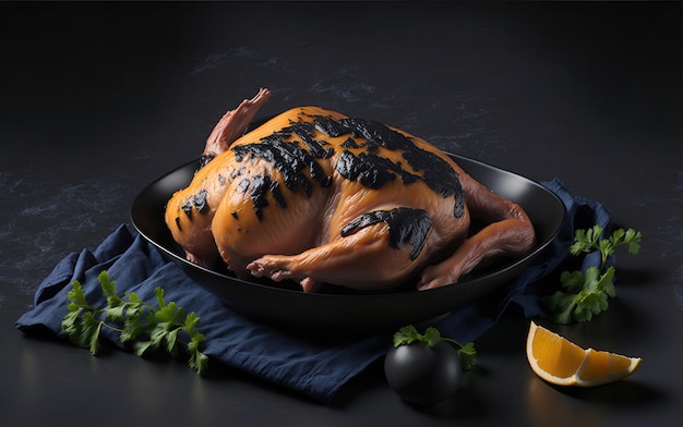 Viande de poulet sur fond sombre fond d'ingrédients de cuisine