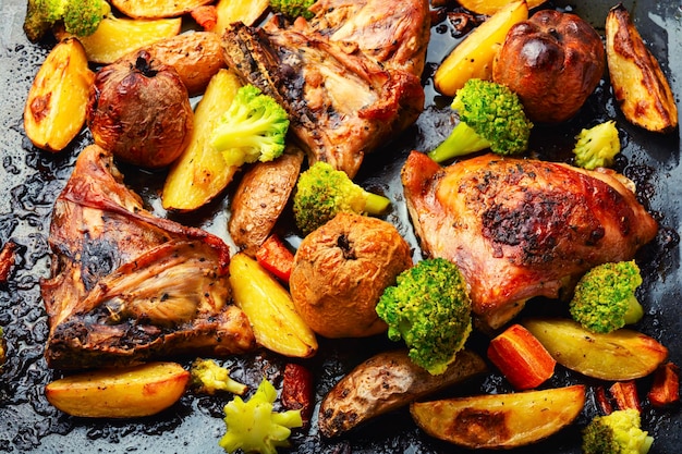 Viande de poulet frit dans les légumes et les fruits. Viande rôtie. Gros plan, fond de nourriture
