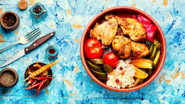 Viande de poulet rôti et légumes en conserve