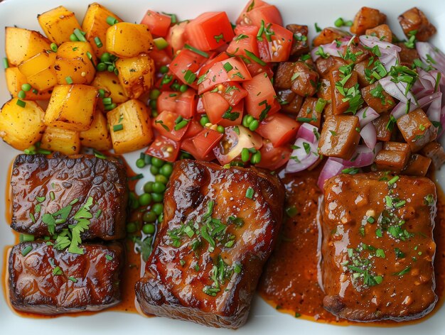 Viande rôtie avec des pommes de terre et des légumes sur une assiette en gros plan