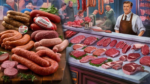 Viande et saucisses sur le marché