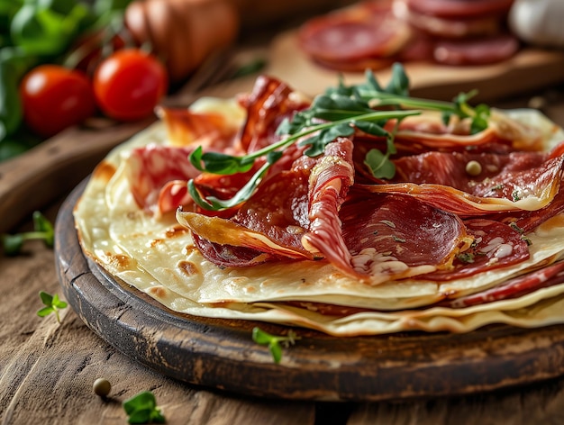 Viande séchée italienne Pizza italienne avec des herbes de mortadella et des tomates sur une assiette en bois