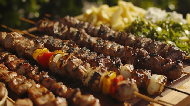 Photo viandes grillées succulentes une variété de viandes et de légumes piqués et carbonisés à la perfection servis sur un plateau en bois