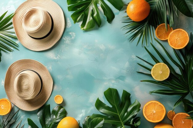 Vibe d'été avec des chapeaux de paille, des agrumes et des feuilles tropicales sur un fond turquoise