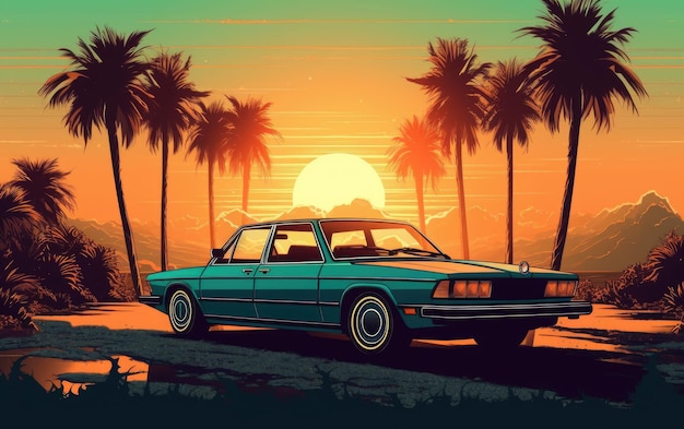 Vibes d'été 80s style rétro coucher de soleil arrière-plan avec voiture vintage