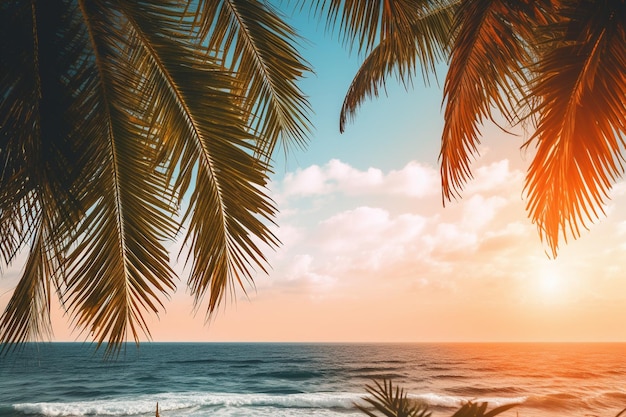 Vibes d'été avec des feuilles de palmier et un paysage océanique