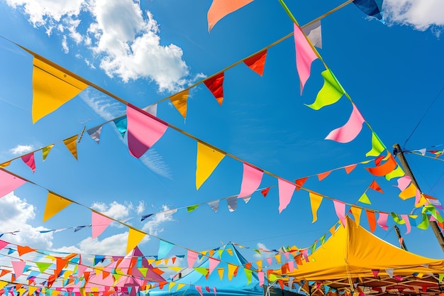 Photo vibes de festival bannières colorées drapeaux vibrants et tentes de fête créant une atmosphère animée parfaite pour promouvoir des événements en plein air et des festivals