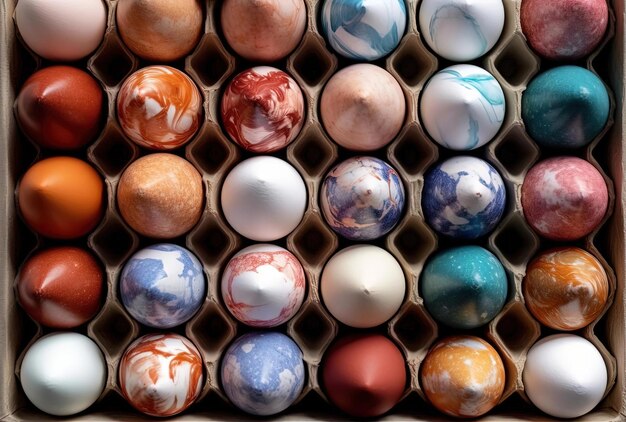 Vibes de Pâques Vue de dessus des oeufs d'Ester colorés dans un récipient en papier