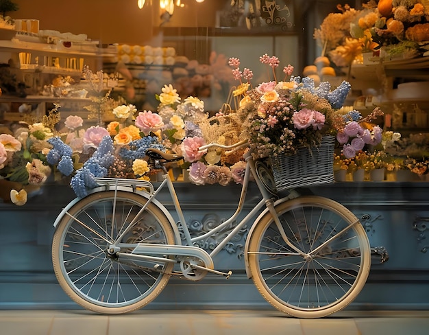 Vibes de printemps vélo élégant avec panier rempli de fleurs délicates