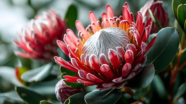 Vibes romantiques de la jungle Style vintage avec fleur de Protea et texture de verdure IA générative