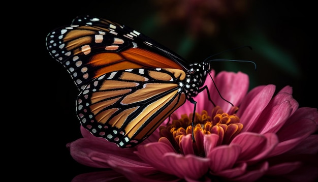 Le vibrant papillon monarque pollinise une fragilité de marguerites générées par l'IA
