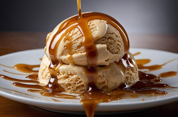 Photo vibrant photo of a dish of caramel swirl ice cre