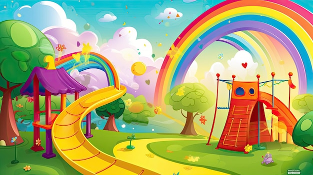 Photo vibrant a rainbow over a lush green field cartoon illustration generative ai