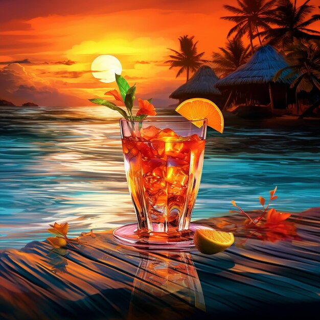 Vibrant Sunset Sirotez un cocktail tropical rafraîchissant contre un magnifique coucher de soleil