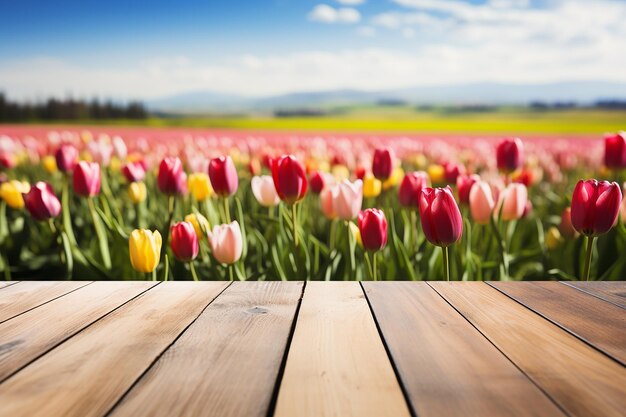 Photo vibrant tulip fantasy fleurs floues sur une table en bois vide