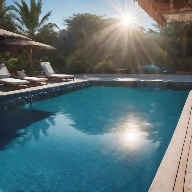 Vibrations d'eau bleue de la piscine avec réflexion du soleil