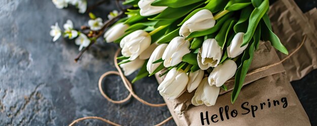Des vibrations de printemps fraîches des tulipes blanches et un charmante Hello Spring sur un fond en béton
