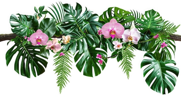 Des vibrations tropicales plante arbuste arrangement floral avec des feuilles tropicales Monstera et fougère et Vanda orchidées décor de fleurs tropicales sur la branche d'arbre liane plante de vigne isolée sur fond blanc