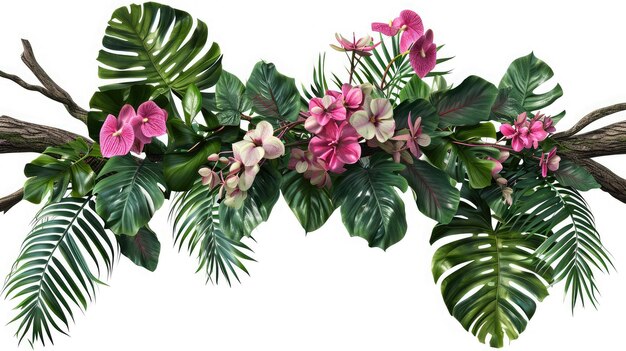 Photo des vibrations tropicales plante arbuste arrangement floral avec des feuilles tropicales monstera et fougère et vanda orchidées décor de fleurs tropicales sur la branche d'arbre liane plante de vigne isolée sur fond blanc