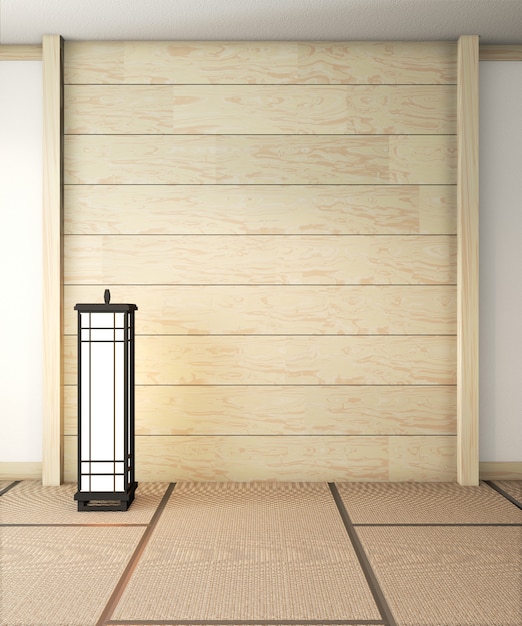 Vide chambre zen très japonaise avec lampe et tatami au sol, mur en bois. Rendu 3D