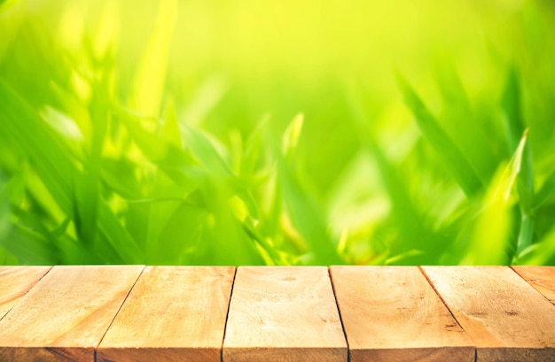 Vide du dessus de table en bois sur flou d'arrière-plan abstrait vert frais de l'herbe avec la lumière du soleil. Pour l'affichage du produit de montage ou la mise en page visuelle clé de conception