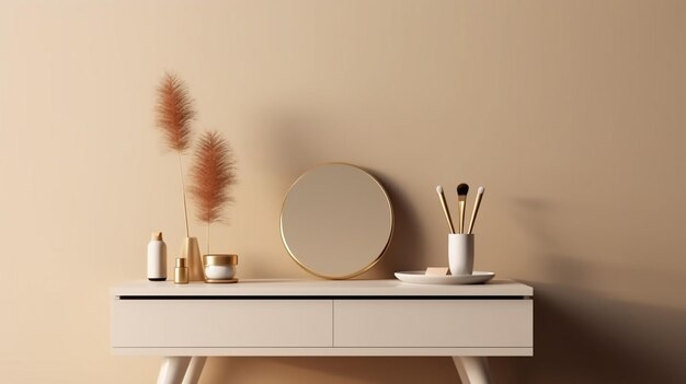 Vide moderne minimaliste beige coiffeuse or poignée tiroir stockage brindille vase en verre AI générative