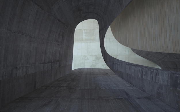 Vide sombre abstrait béton et bois intérieur lisse arrière-plan architectural illustration 3D