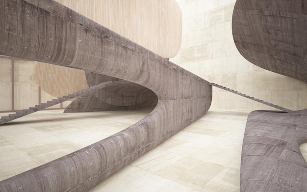 Vide sombre abstrait béton et bois intérieur lisse arrière-plan architectural illustration 3D