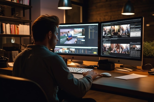 vidéaste concentré éditant un film sur un ordinateur professionnel assis à son bureau dans un bureau d'affaires