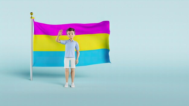 Photo vidéo d'animation du drapeau de la fierté pansexuelle avec un homme debout devant lui tout en agitant sur un fond bleu