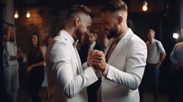 Vidéo IA générative d'un couple gay nouvellement marié dansant lors d'une célébration de mariage