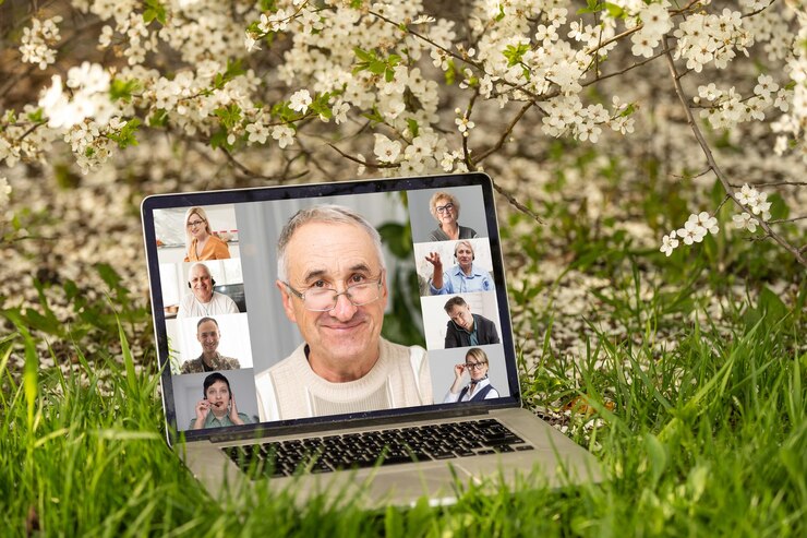 Vidéoconférence de groupe en ligne sur ordinateur portable dans un jardin fleuri