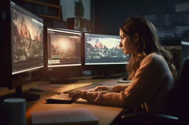 Vidéographe féminine éditant un projet vidéo Utilisation d'un logiciel de postproduction exécuté dans une société de multimédia numérique avec deux moniteurs Retoucher Processing Audio Movie Editing on PC