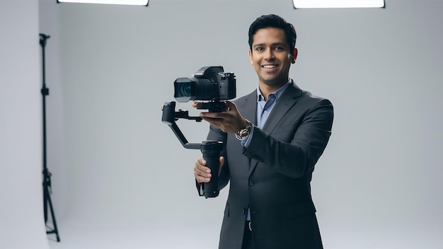 Photo un vidéographe indien professionnel avec une vidéo gimball s.r.ronin isolé sur le fond du studio