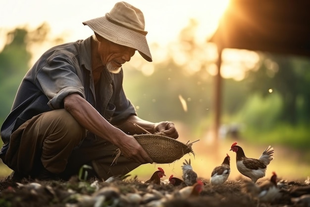 La vie dans une ferme asiatique Un vieil homme qui nourrit des poulets