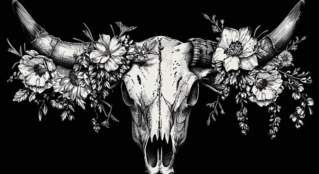 Photo la vie dans la mort le crâne de buffle orné de fleurs