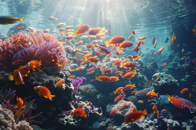 Photo la vie dans un récif de corail riches couleurs de poissons tropicaux animaux du monde marin sous-marin écosystème