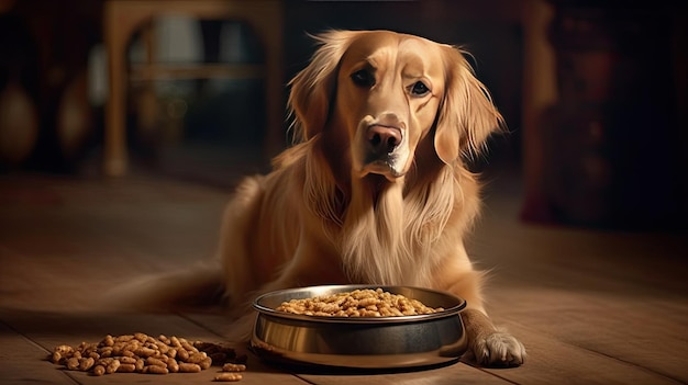 Vie domestique avec animal de compagnie Nourrir un chien affamé Le propriétaire donne à son chien un bol de granulés